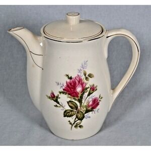 Vintage Japan Electric Ceramic Teapot Moss Rose w Gold Trim Only No Base Or Cord